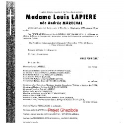 Andrée MARECHAL épouse de Louis LAPIERE, décédée à Merville, le 04 Septembre 1974 (81 ans).